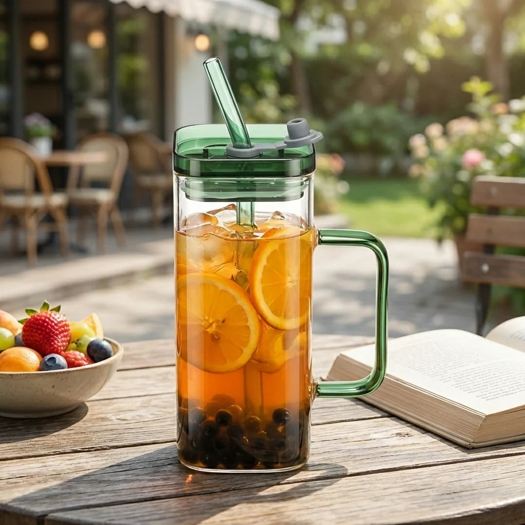 Square Glass with Lid and Straw