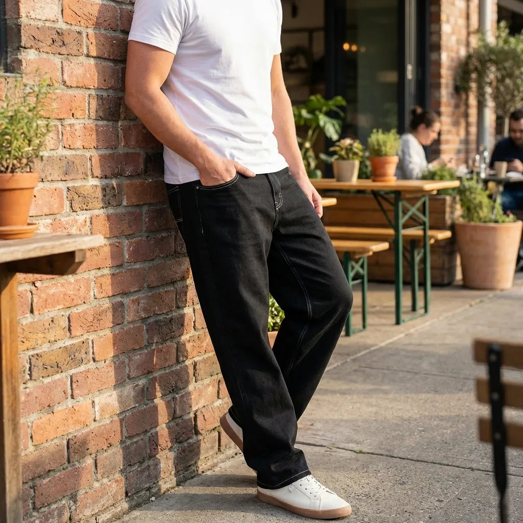 Men's Loose Fit Mid Rise Black Jeans